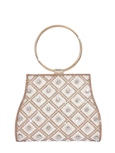 Beaded handbag with a gold ring handle on a white background